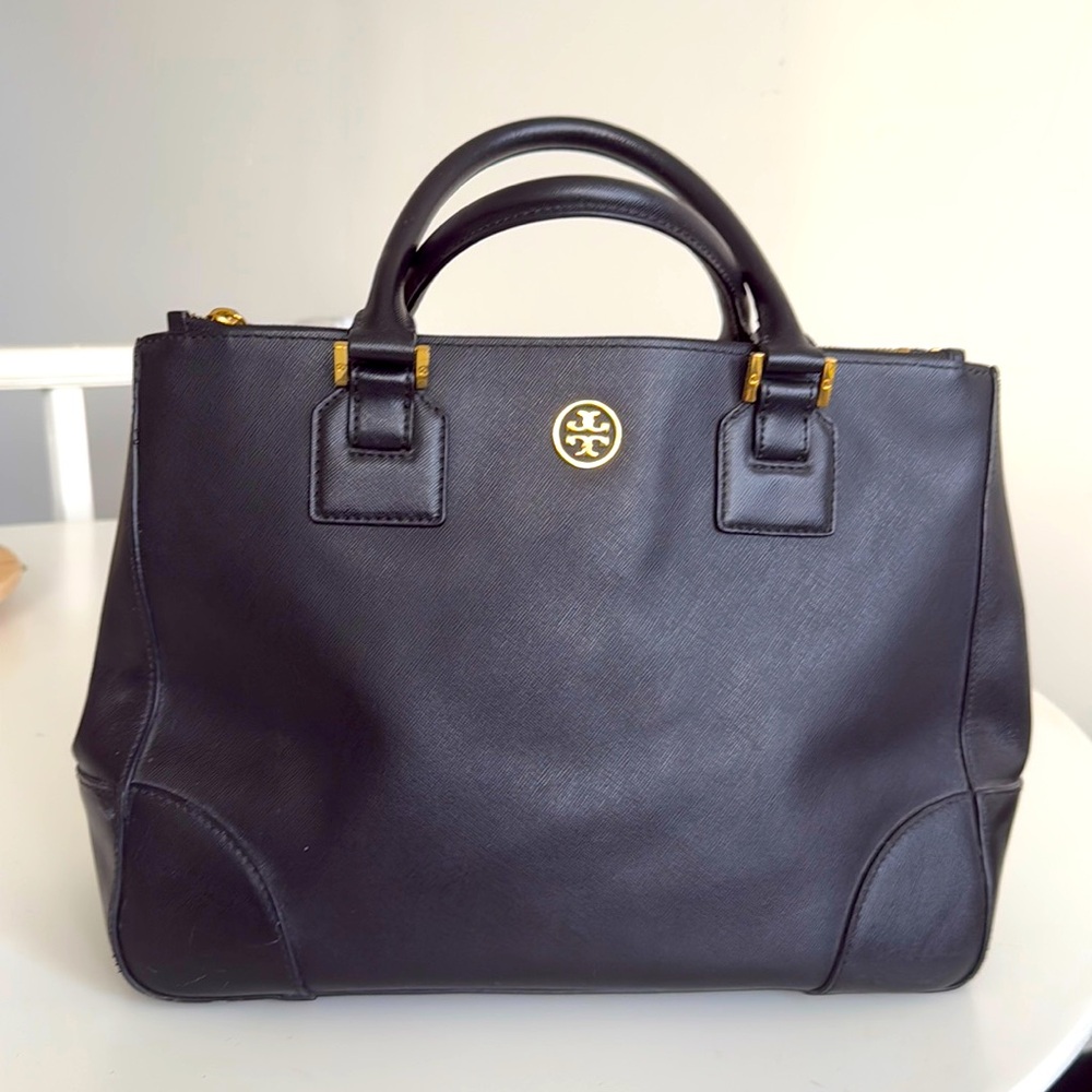 Tory Burch Robinson Double Zip Tote - Large Black Saffiano leather